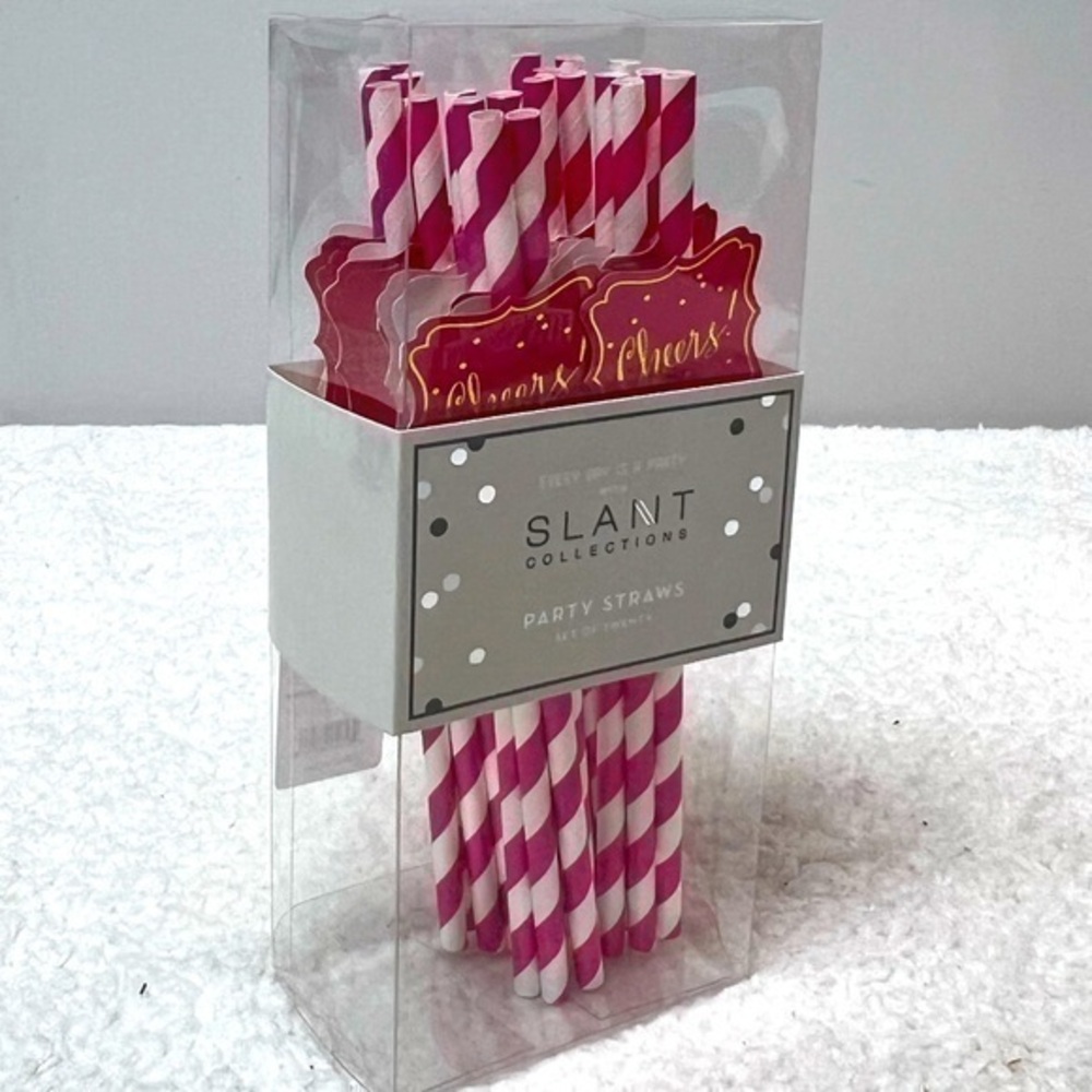 Slant “Cheers!” Pink Stripe Set of 20 Paper Straws
